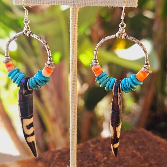 Turquoise Kenya Bone Spiny Oyster Sterling Artisan Teardrop Earrings - Picture 3 of 9
